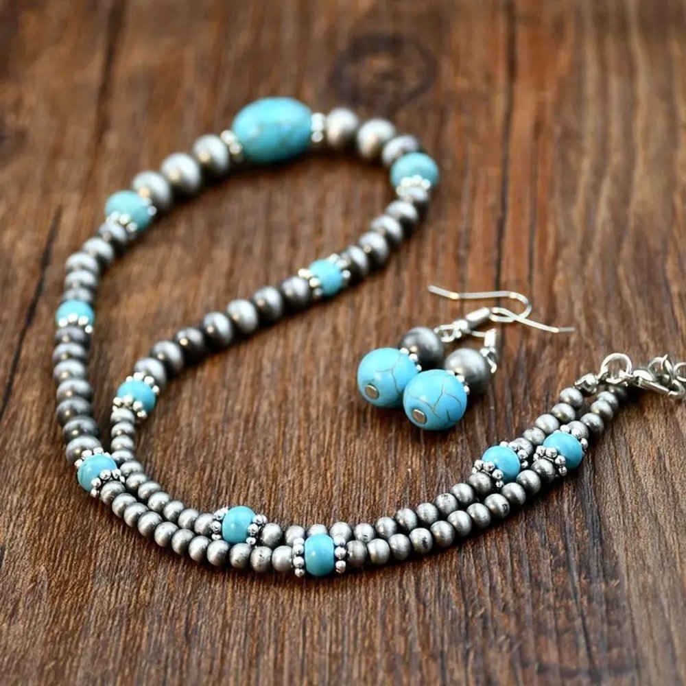 NEW Southwestern Faux Turquoise and Navajo Bead Necklace and Earring Set - Picture 2 of 4